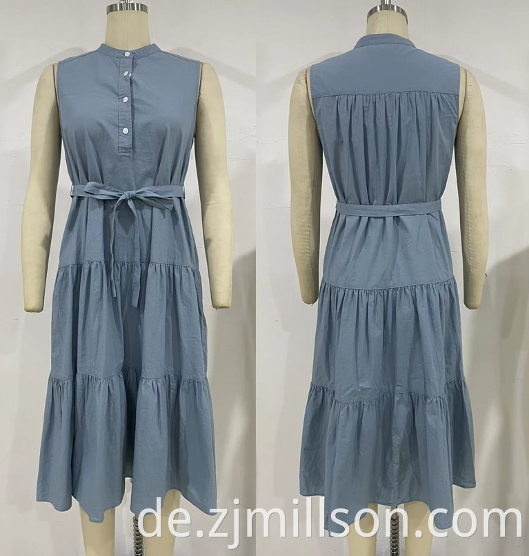 Sleeveless Waist Strap Pleated Design Shirt Dress